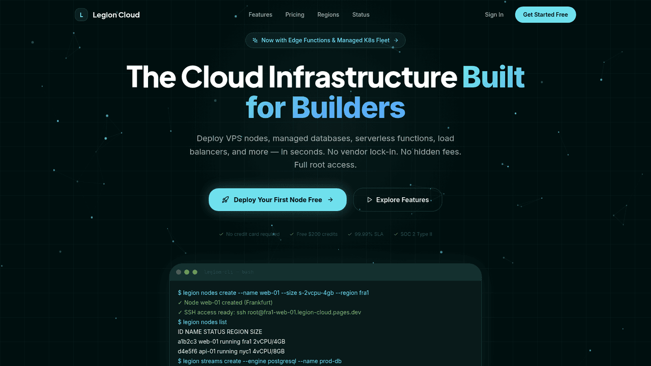 Screenshot of legion-cloud.pages.dev — Legion Cloud, the cloud infrastructure built for builders