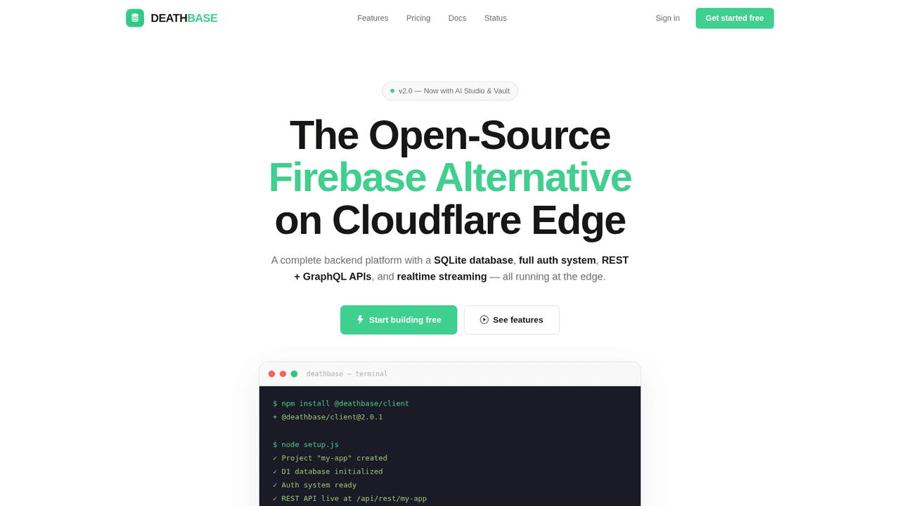 Screenshot of deathbase.pages.dev — DEATHBASE v2.0, the open-source Firebase alternative on Cloudflare Edge