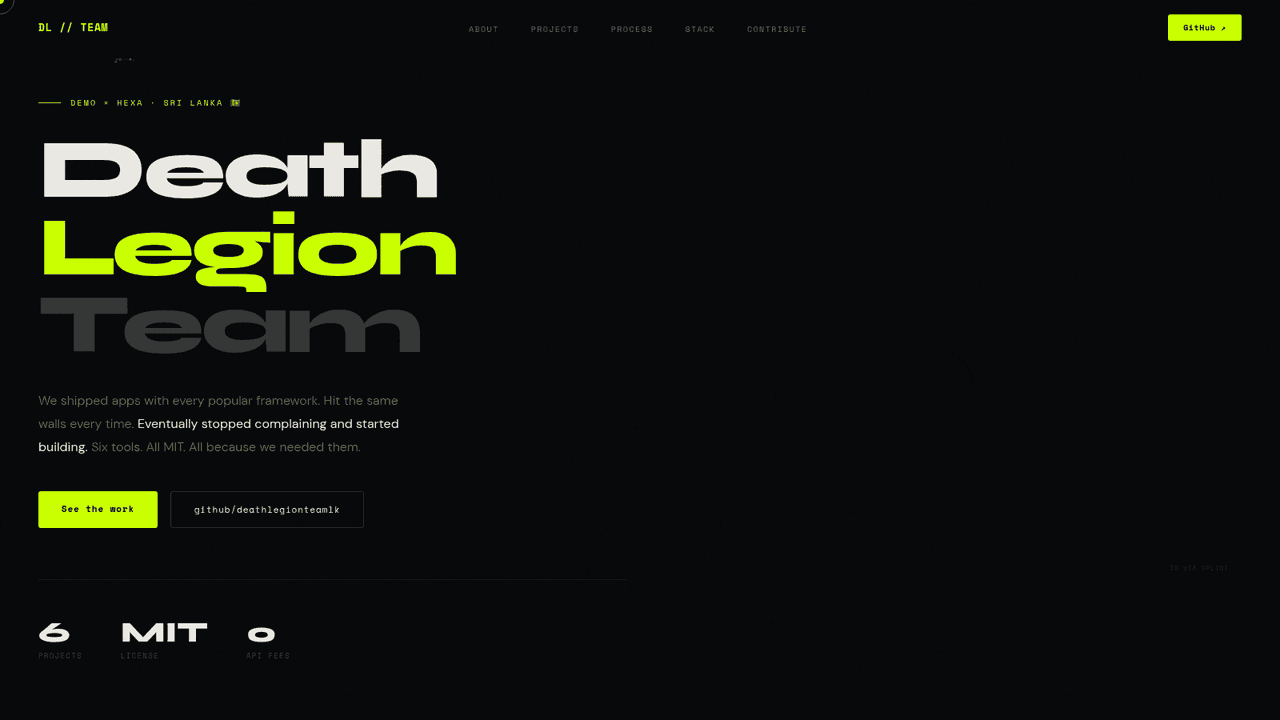 Screenshot of deathlegion.netlify.app — the origin site where the six DEMO × HEXA tools were first documented