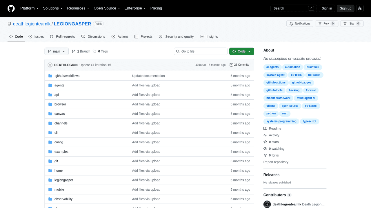 Screenshot of the LEGIONGASPER repository on GitHub — agents, api, cli, dashboard and observability modules on the main branch