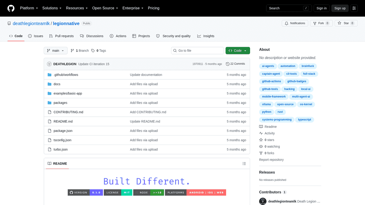 Screenshot of the legionnative repository on GitHub — v0.1.0, Android, iOS and web